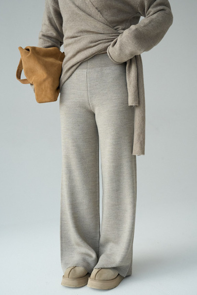 LOOSH Kadın Vizon Yüksek Bel Lastik Detaylı Geniş Paça Triko Pantolon