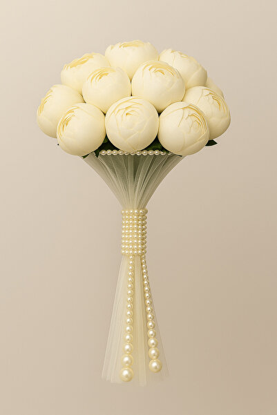 Bioren İncili Tüllü ve Sıralı İnci Sarkıtlı Krem Şakayık Gelin Çiçeği Buketi