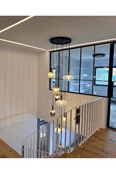 demet habek mylights Dokuzlu 9’lu E27 Cam Tavan Sarkıt Avize Şeffaf Bal Füme Cam Yüksek Tavan Galeri Boşluğu Aydınlatması