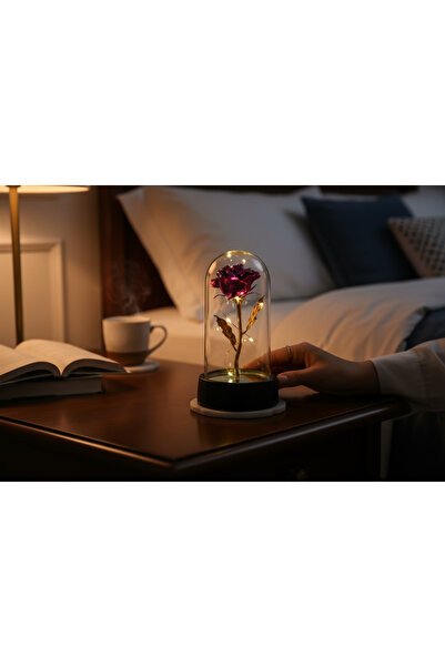 Dekor Cam Fanus İçinde Işıklı Altın Gül Dekoratif LED Masa Lambası – 15 cm