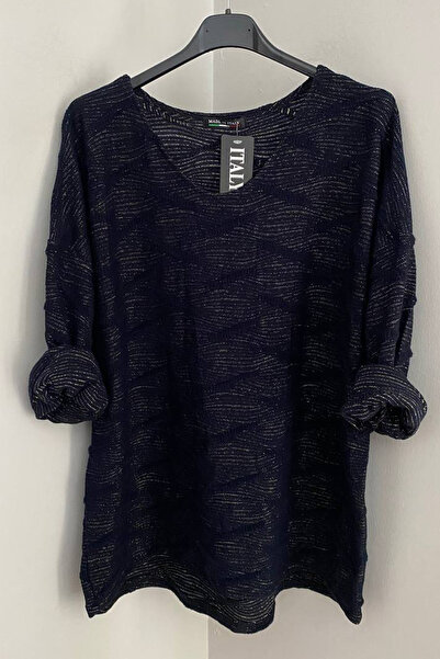 AYASOFYA OTANTIK Women's Italian Navy Blue Round Neck Glitter Textured Long S...