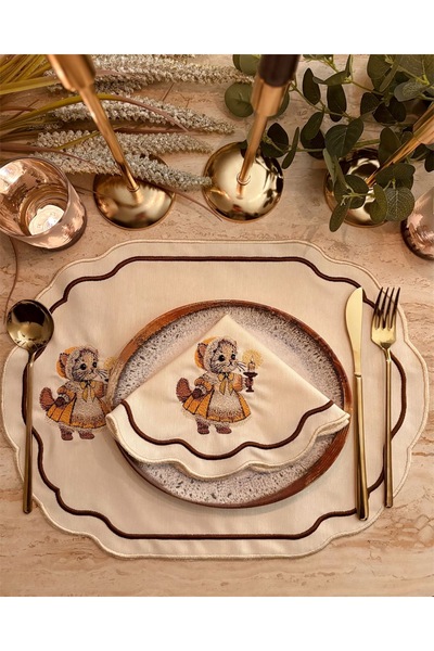 LİONYA DESİGN 12 Parça 6 Kişilik Vintage Kedi Nakışlı Sofra Seti (Amerikan Servisi + Peçete)