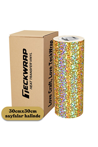 Teckwrap Craft Holografik Gold HTV Isı Transfer Vinili – Iron On_1 Adet / 30cm X 30cm