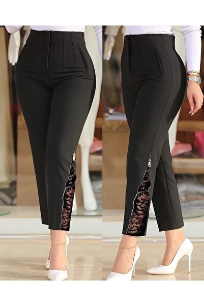 Kanonik Education Women's High Waist Front Ribbed and Zippered Side Ruched Imported Crepe Pants