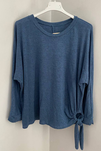 AYASOFYA OTANTIK Γυναικείο πλεκτό πουλόβερ με στρογγυλή λαιμόκοψη σε μπλε ινδ...