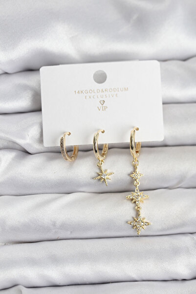 Marsilyan Polar Star Model Gold Color Brass 3-Piece Women's Earring Set