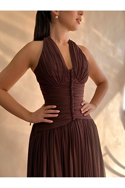 Rahibhdresses فستان سهرة ناعم بلون بني داكن دافئ