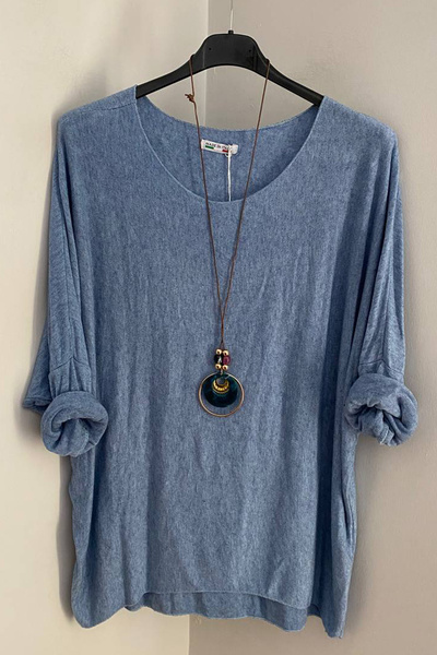 AYASOFYA OTANTIK Bluză de tricot casual pentru femei, albastru deschis, italiană, cu accesorii pentru colier