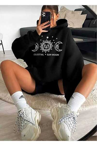 LORVANIY سويت شيرت أسود كبير الحجم مطبوع عليه قمر للجنسين من Vonix