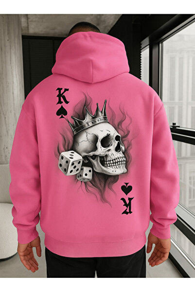 CLASSY.MODA Unisex supradimensionat cu glugă King Skull Crown Dice Pattern Mug Symbol cu imprimeu Streetwear Swea tricou