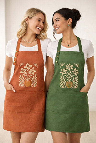 Hulganz طقم مريلة مطبخ من قطعتين، مقاومة للبقع، قماش طارد للماء، لا يبهت، مطبوعة بنقش زهور الزنبق والبيجونفيل