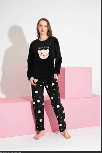 Tarık Ayıcık desenli Kadife kadın pijama takımı