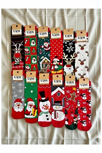 UZN SOCKS Uzn 12 Çift Yılbaşı Temalı Çorap Seti - Noel Baba Geyik Figürlü Pamuklu Renkli Yeni Yıl Hediyesi