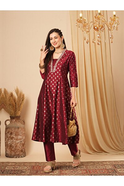 Globus By Styli Gold Foil Print Paneled Anarkali Kurta and Pants Festive Set