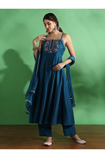 Globus By Styli Sequin Yoke Square Neck Anarkali Kurta, Pants and Dupatta Set