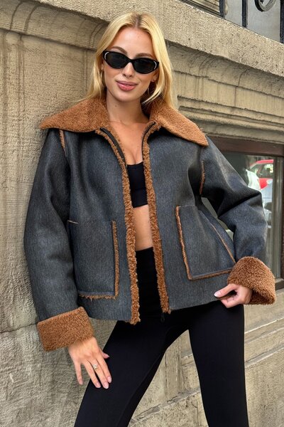 Trend Alaçatı Stili Kadın KAHVE SİYAH Çift Cepli İçi Suni Kürklü Suni Deri Biker Ceket PRM0408