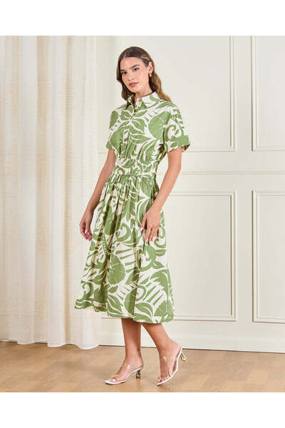 REDTAG فستان ميدي أخضر مطبوع للنساء واسع الأرجل