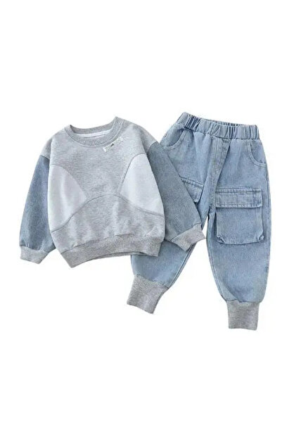 MINIMEAccessories طقم ملابس من قطعتين للبنات | 12-18 شهرًا | أزرق ورمادي | قطن | تيشيرت وبنطال | مرونة