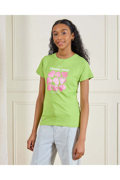 REDTAG تي شيرت أخضر مطبوع للفتيات الكبيرات