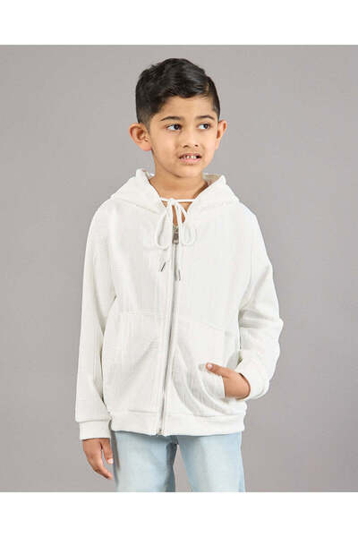 REDTAG Boys White Hooded Sweatshirt With Front Zip
