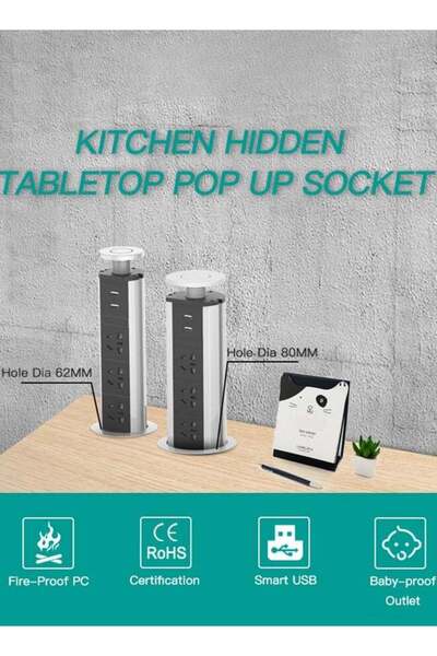 Arabest مقبس منبثق بثلاثة مقابس بريطانية ومنافذ شحن USB للمنزل والمكتب، غلاف من سبائك الألومنيوم