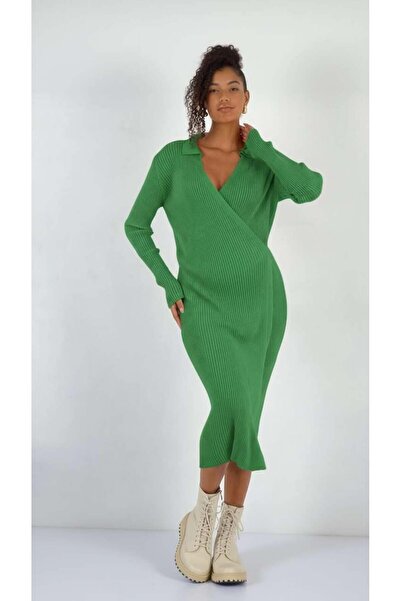 Miss Poem Kadın Kruvaze Bağlamalı Fitilli Yeşil Triko Elbise