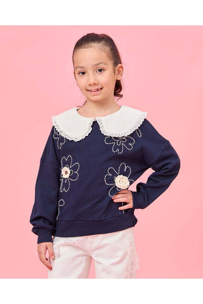 REDTAG Girls Navy Schiffli Collar Embroidered Sweatshirt