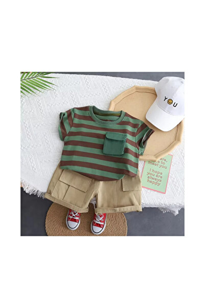 MINIMEAccessories Kids’ Striped Tee & Cargo Shorts Set | 9–12 Months | Beige ...