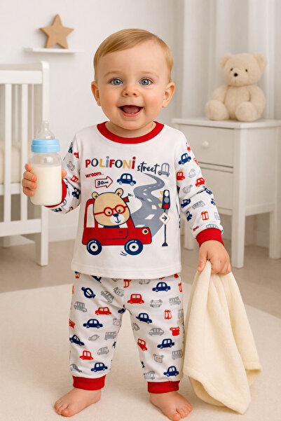 poli foni Erkek Bebek Arabalı 1-2-3 Yaş Pijama Takımık