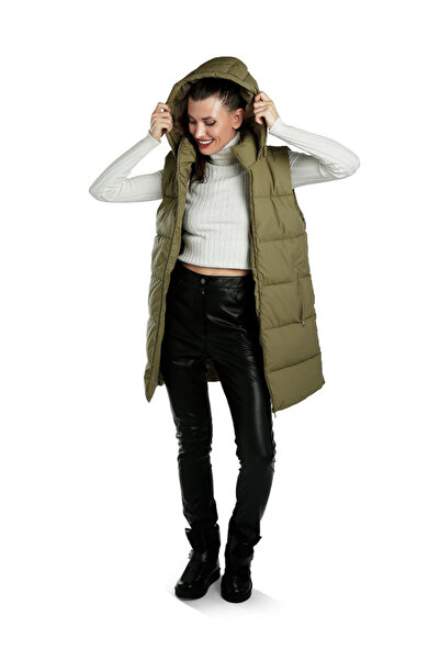 london Rag Women Hooded Sleeveless Vest Jumper in Soft Olive