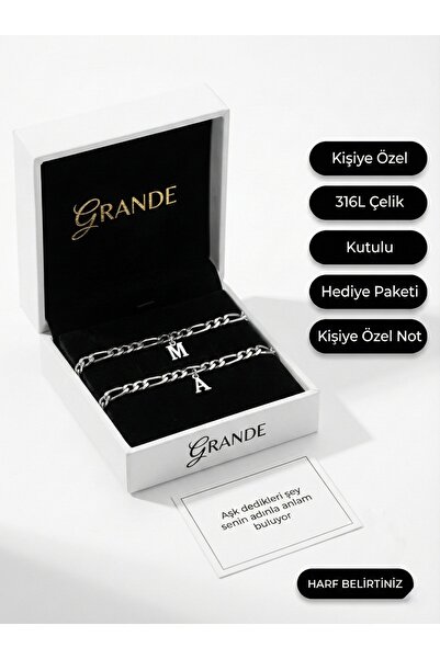 GrandeAccessory 2’li Kişiye Özel Harfli Çelik Bileklik Seti – 316L Çelik, Sev...