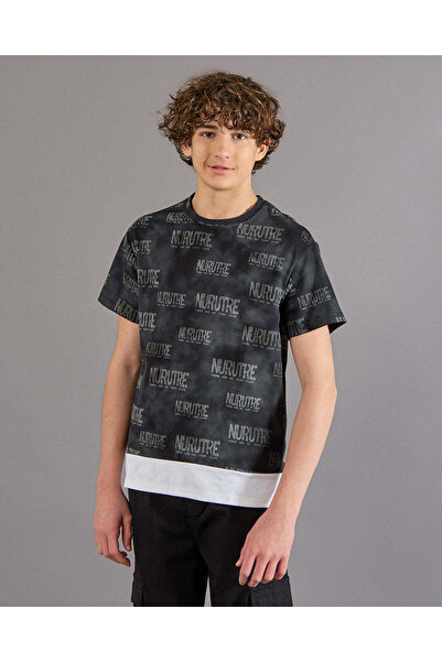 REDTAG تي شيرت أسود مطبوع للأولاد الكبار