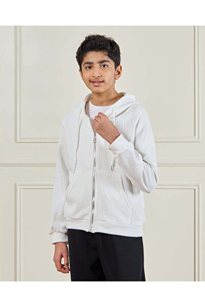 REDTAG Senior Boys Cream Front Zipper Hooded Sweatshirt