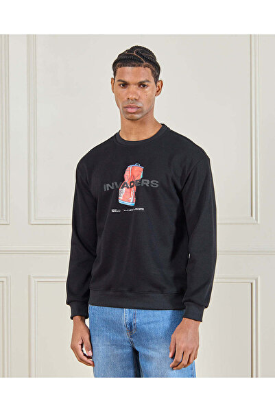 REDTAG Men Black Bonded Crew Neck Sweatshirt