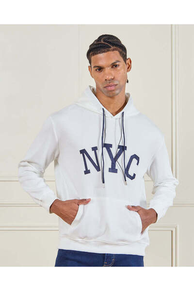 REDTAG Men White Hooded Sweatshirt With Chest Embroidery