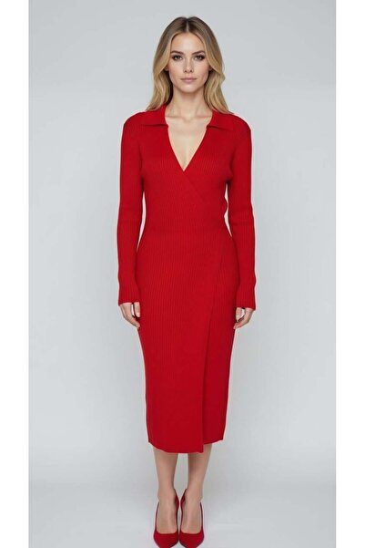 Miss Poem Kadın Kruvaze Bağlamalı Fitilli Kırmızı Triko Elbise