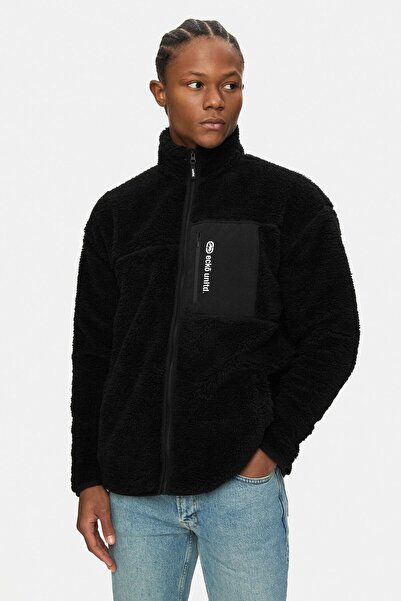 ecko unltd. Carlino Black Mock Neck Zippered Sherpa Printed Loose Fit Men's Fleece Coat