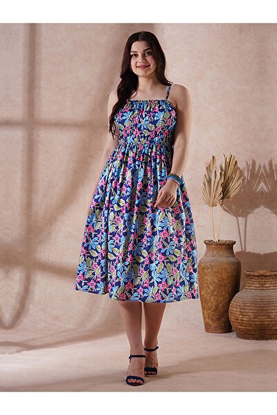 Globus By Styli Floral Print Strappy Gathered Midi Fusion Dress