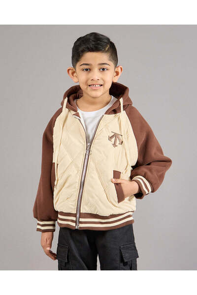 REDTAG Boys Beige Hooded Varsity Zip Front Sweatshirt