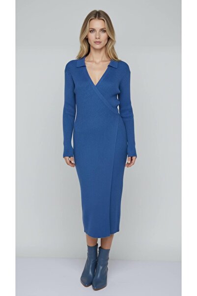 Miss Poem Γυναικείο φόρεμα πλεκτό διπλό πέτο με κορδόνια κοτλέ μπλε κοβαλτίου