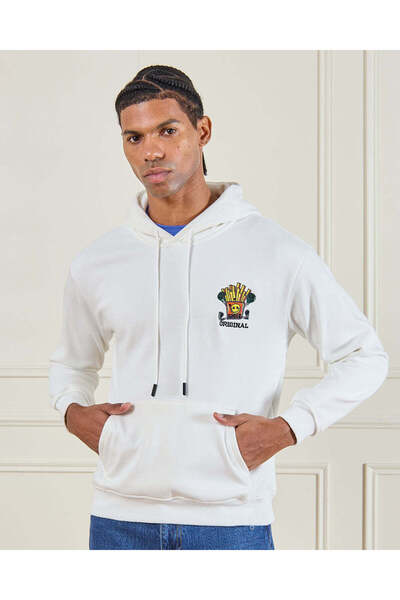 REDTAG Men Ivory Bonded Hooded Sweatshirt