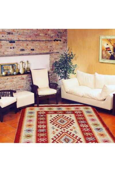 OEM Covor tradițional, față-verso, dimensiune 140 x 215 cm, roșu și crem, model ROMB