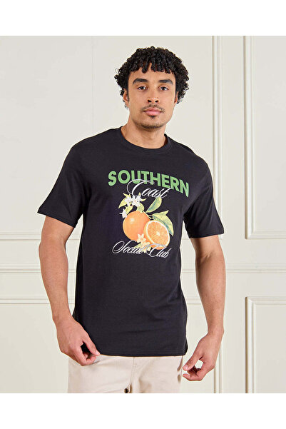 REDTAG Men Black Basic Graphic T-Shirt