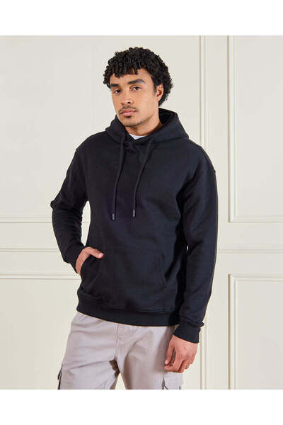 REDTAG Men Black Hooded Lounge Sweatshirt