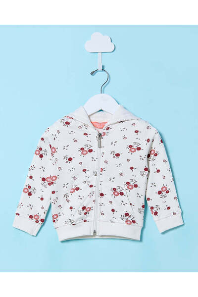 REDTAG Infant Girls White Floral Print Hooded Sweatshirt
