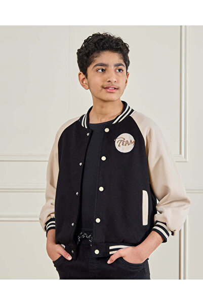 REDTAG Senior Boys Black Varsity Button Front Sweatshirt