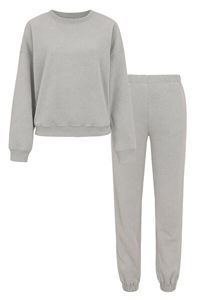 Trend Alaçatı Stili Kadın Gri Bisiklet Yaka Beli Ve Paçası Lastikli İki İplik...