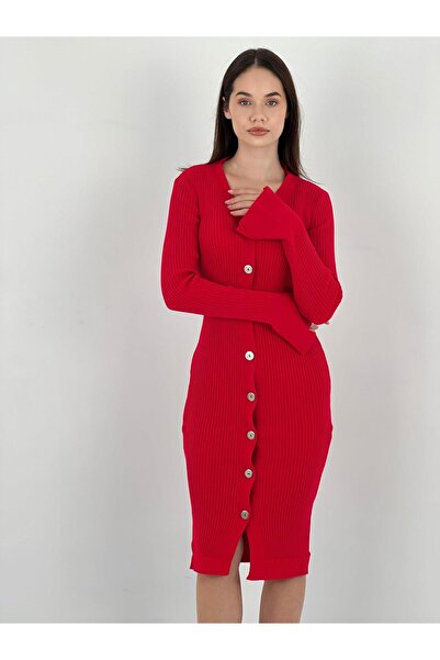 Miss Poem Kırmızı Önü Düğmeli Fitil Detaylı Uzun Kadın Triko Elbise
