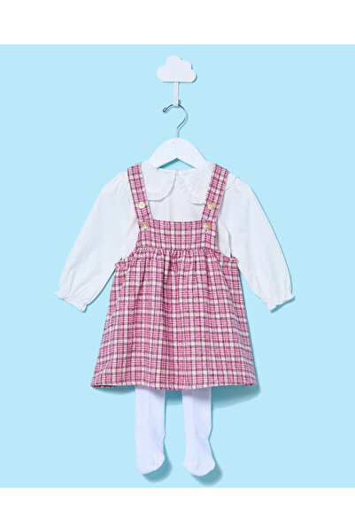 REDTAG Infant Girls Red And White Top With Checked Dress With Stockings (3 Pi...