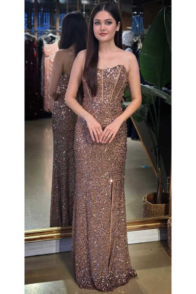 Abiyeniall Bakır Straplez Yaka Sırt Dekolteli Yırtmaçlı Düz Kesim Payet Uzun Abiye Elbise 11093-04